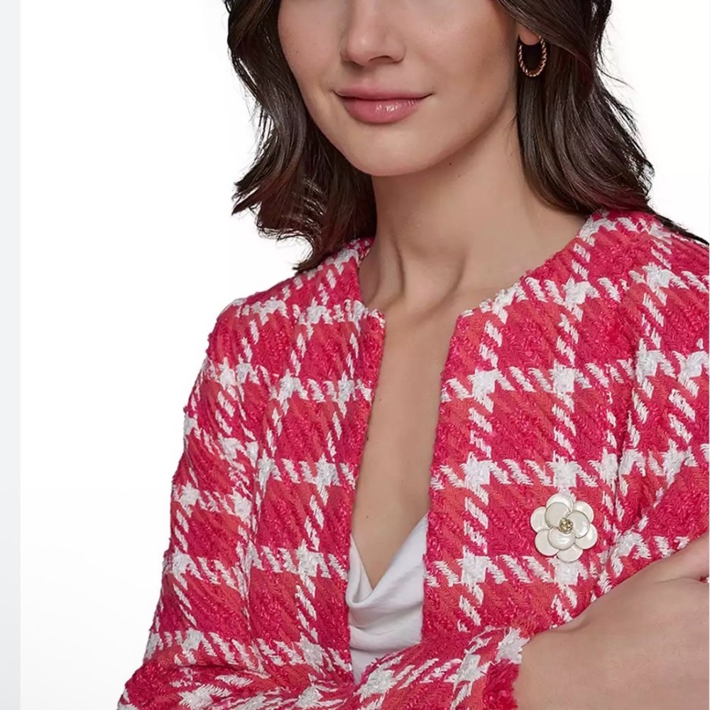 Karl Lagerfeld Paris Tweed Pink White Cropped Open Front Jacket Blazer size 8 - Picture 3 of 9